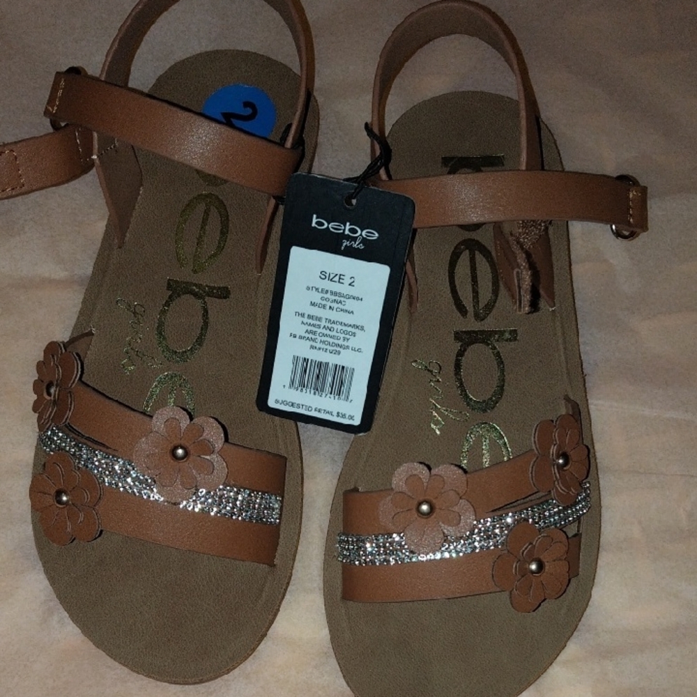 bebe Tan Floral Strap Sandals with Sparkle Trim